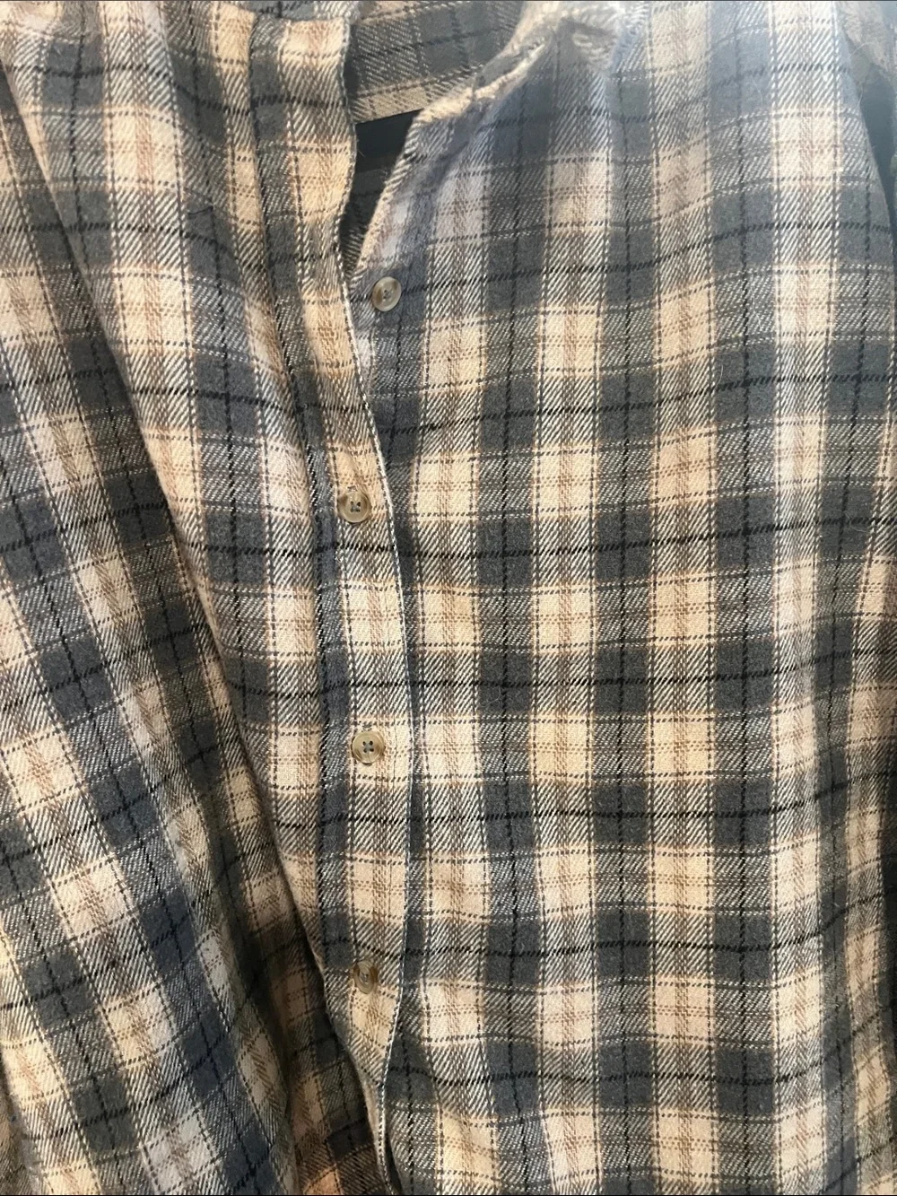 Ruffle Neck Plaid Button-Front Flannel Heavy Soft Oversized in Beige and Gray